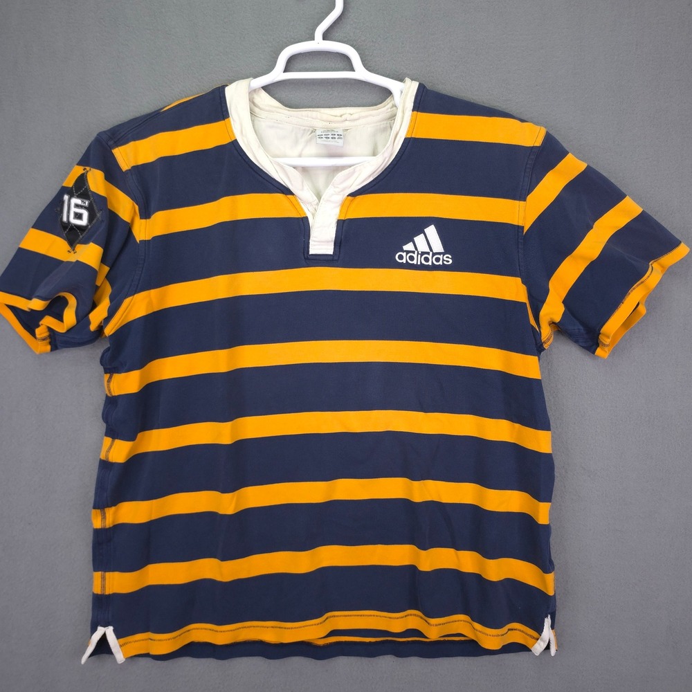 Vintage Adidas Rugby Shirt Striped Short Sleeve Navy Orange XL Cotton